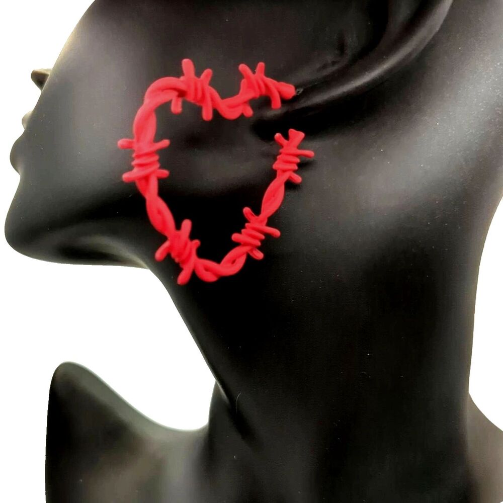 Red Barbed Wire Heart Statement Earrings  ~2in - Edgy Punk Statement - New
